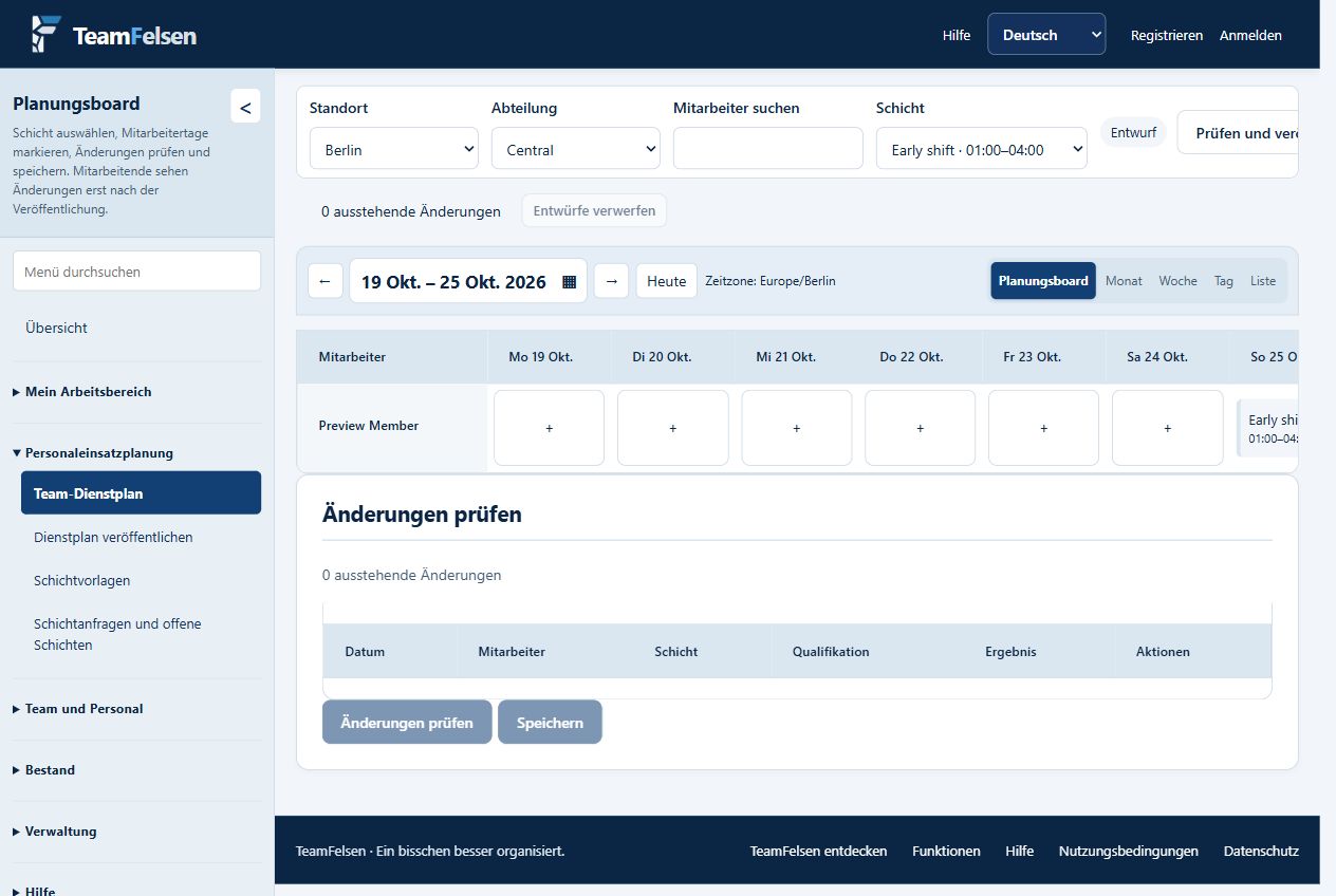 Planning board: select employee days, review assignments and save draft changes.
