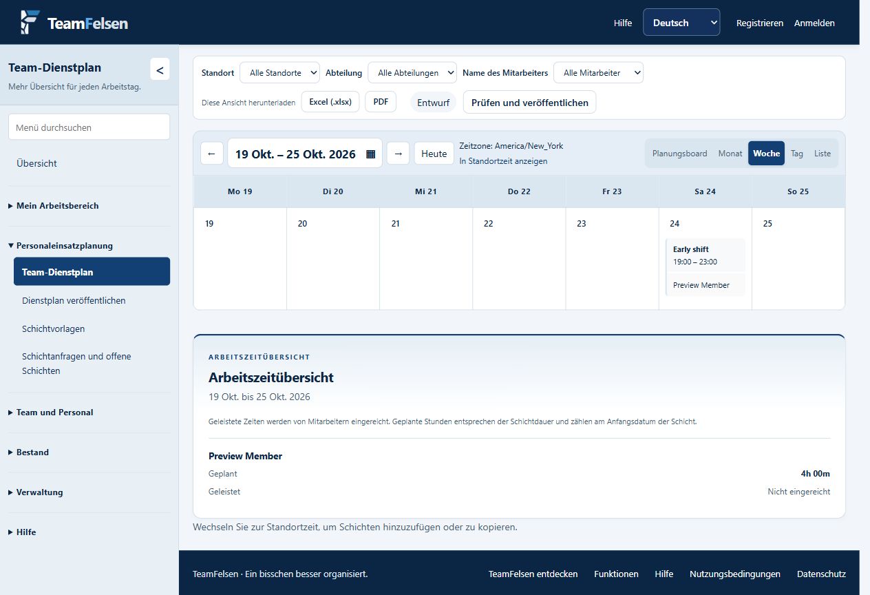 Weekly schedule: filter the team, review saved changes and compare planned hours.